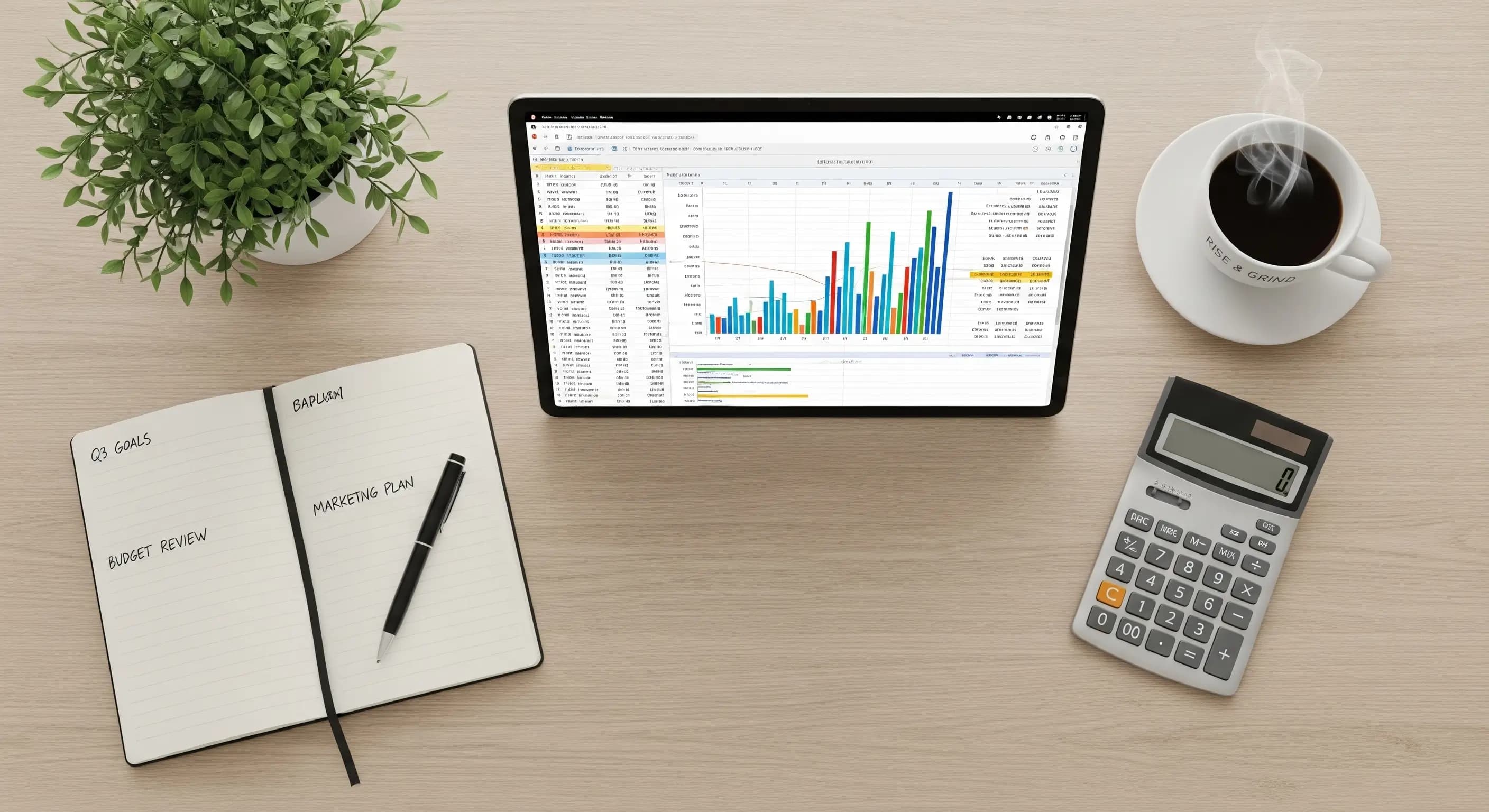 A Toowoomba business owner planning their digital marketing budget with a calculator and notepad.