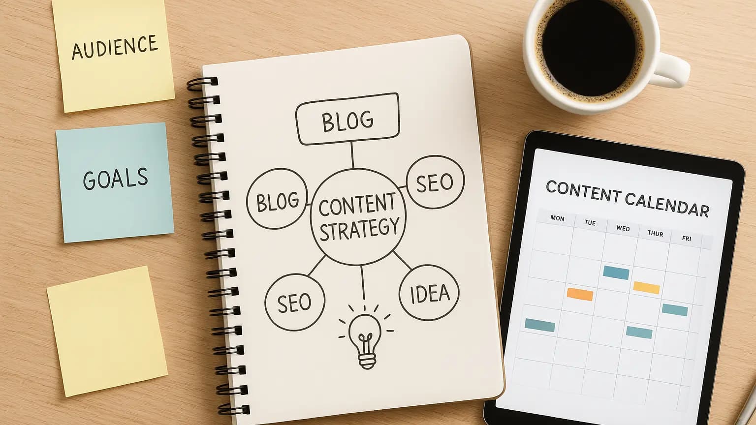A desk with a notebook showing a content strategy mind map, a tablet with a calendar, and coffee.