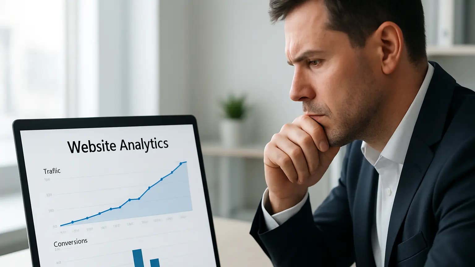 A business owner looking at a website analytics graph showing high traffic but low conversions.